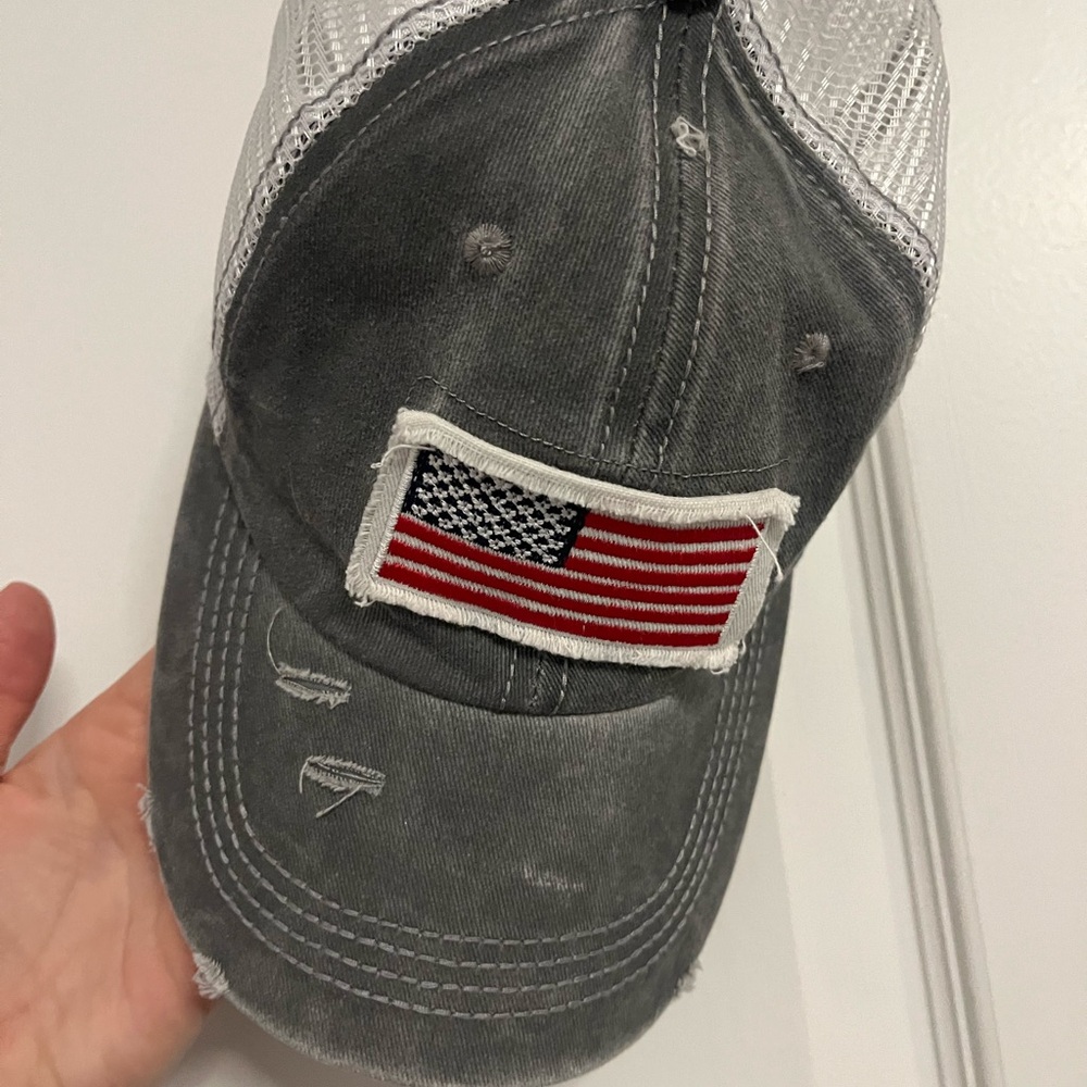 New without tags Ballcap Gray Distressed American Flag Patch with bun hole - Picture 5 of 12